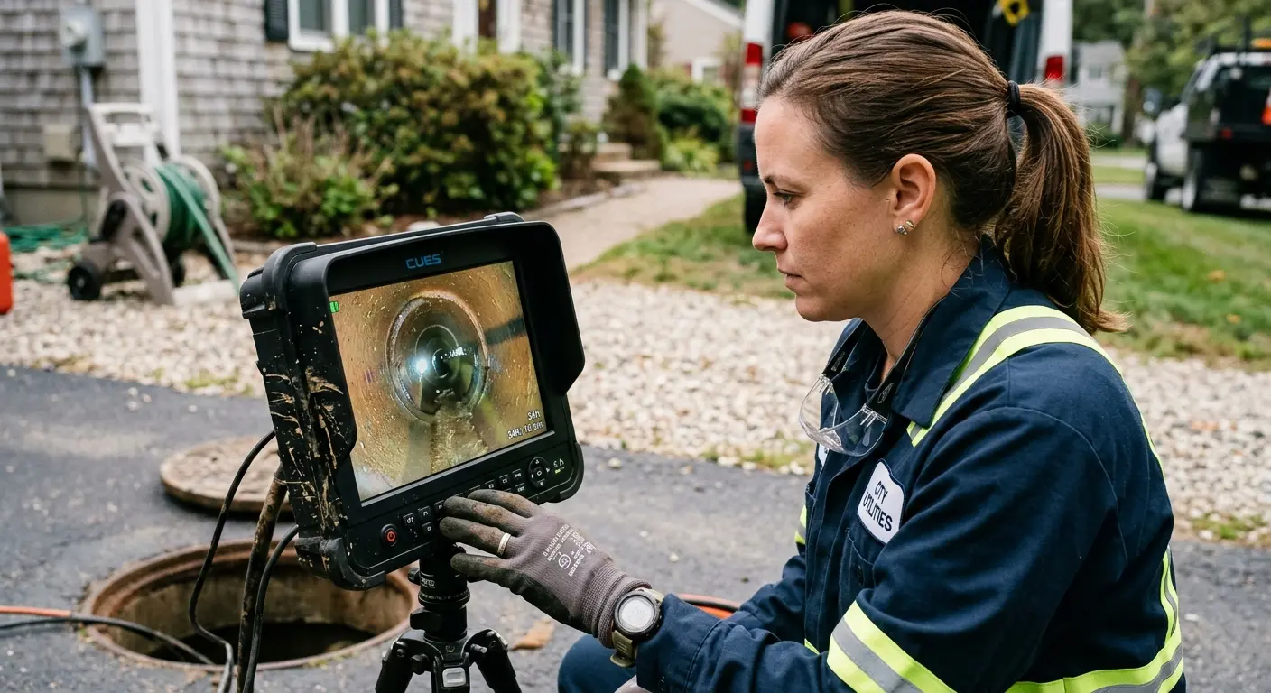 Technician reviewing sewer camera inspection footage in Venersborg