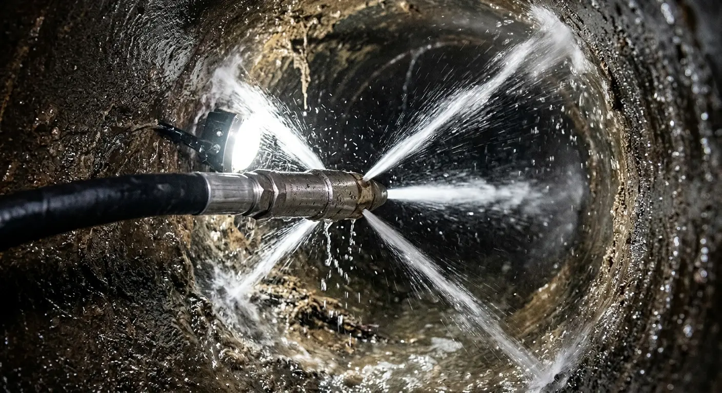 High-pressure hydro jetting nozzle cleaning sewer pipe for Trenchless Sewer Repair in Venersborg