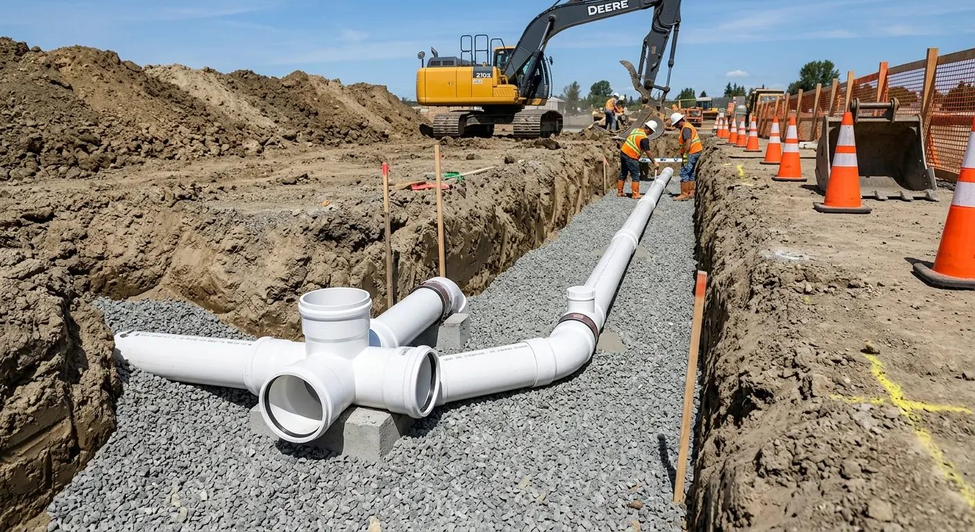 New PVC sewer pipe installation in open trench for Sewer Backup in Venersborg
