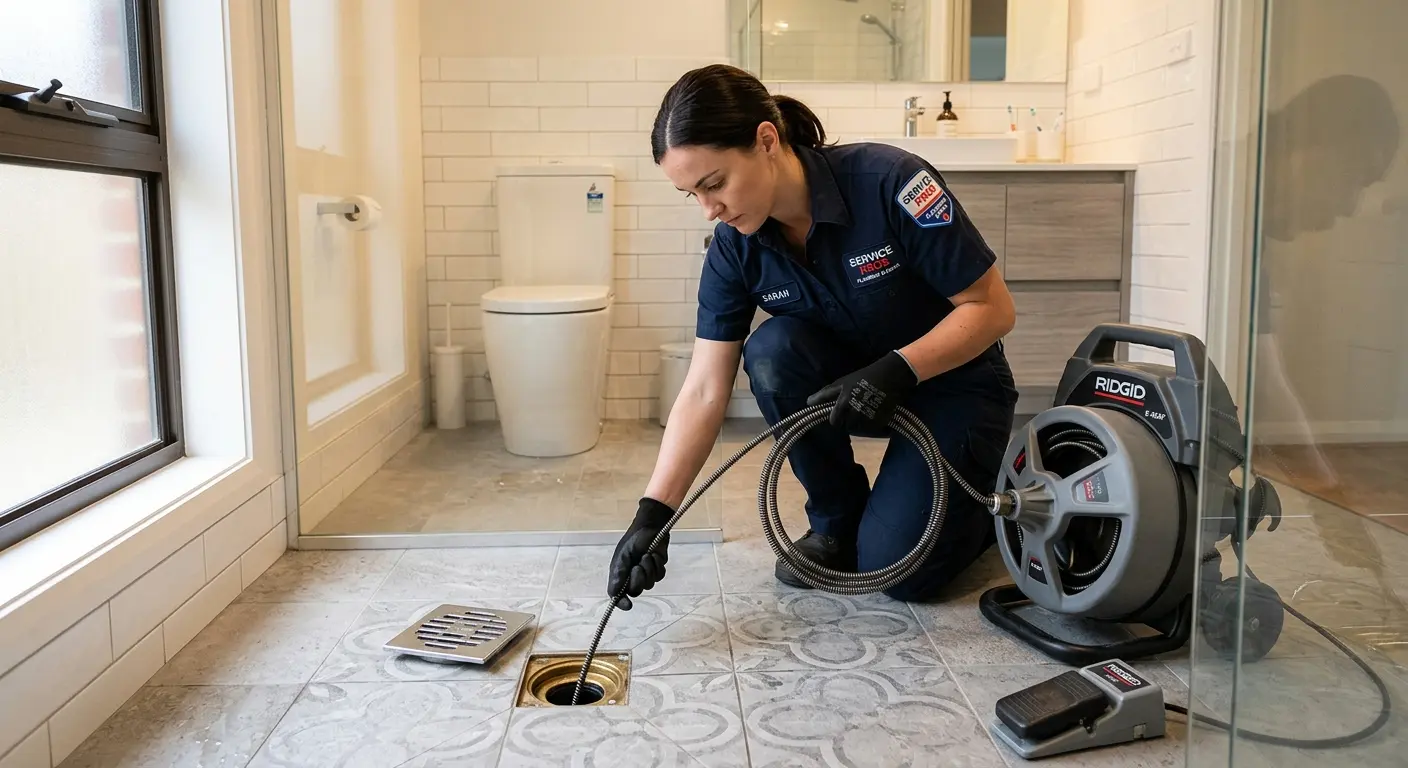 Technician clearing a bathroom floor drain for Drain Cleaning in Venersborg